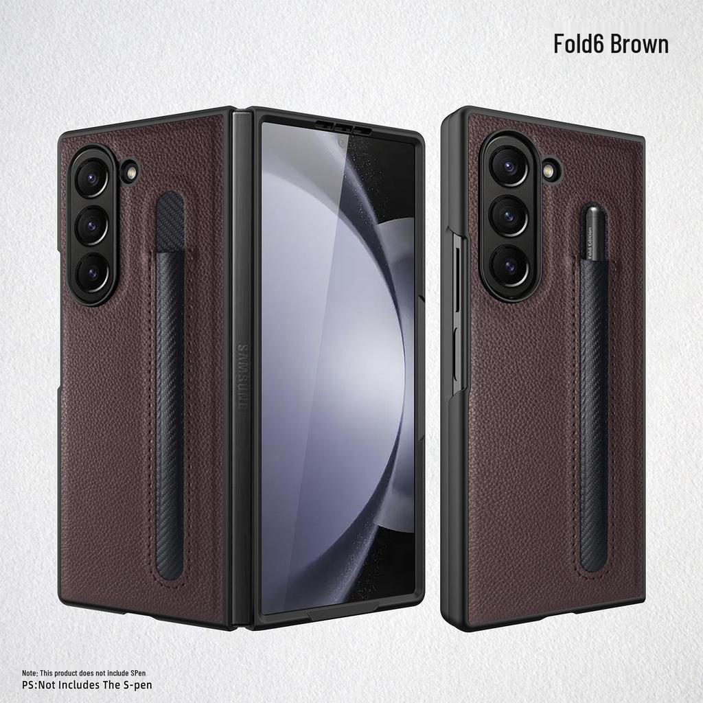 Samsung Z Fold6/Fold5 Lychee Pattern Leather Phone Case with Pen Holder