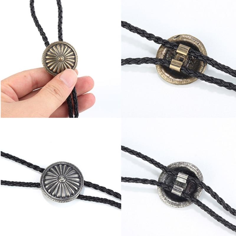 Mens Bolo Tie Necktie Faux Leather Braided Rope Necklace with Metal Round Flower Pendant Jewelry Cowboy Hat Accessories