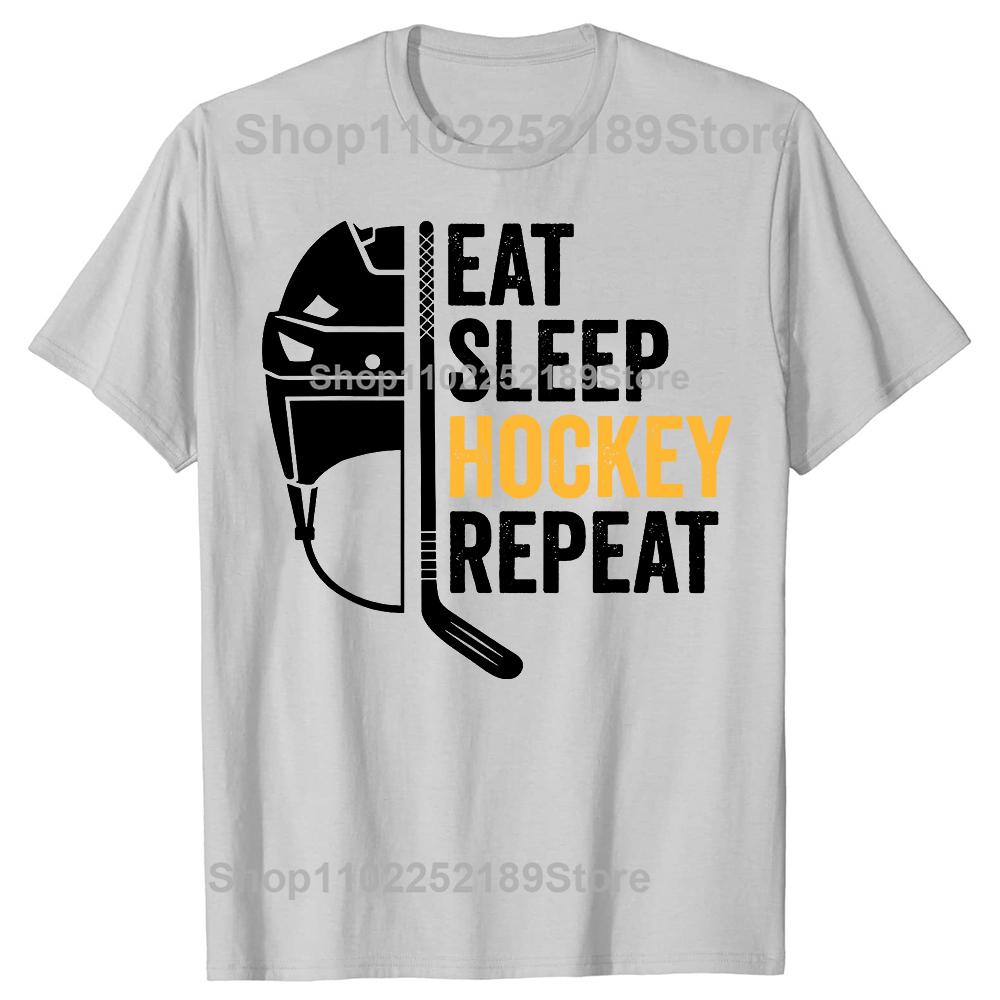 Funny Eat Sleep Hockey Repeat Graphic T-shirts Men Women's Fashion Casual Tshirt 100% Cotton Loose Ice Hockey Retro T Shirt