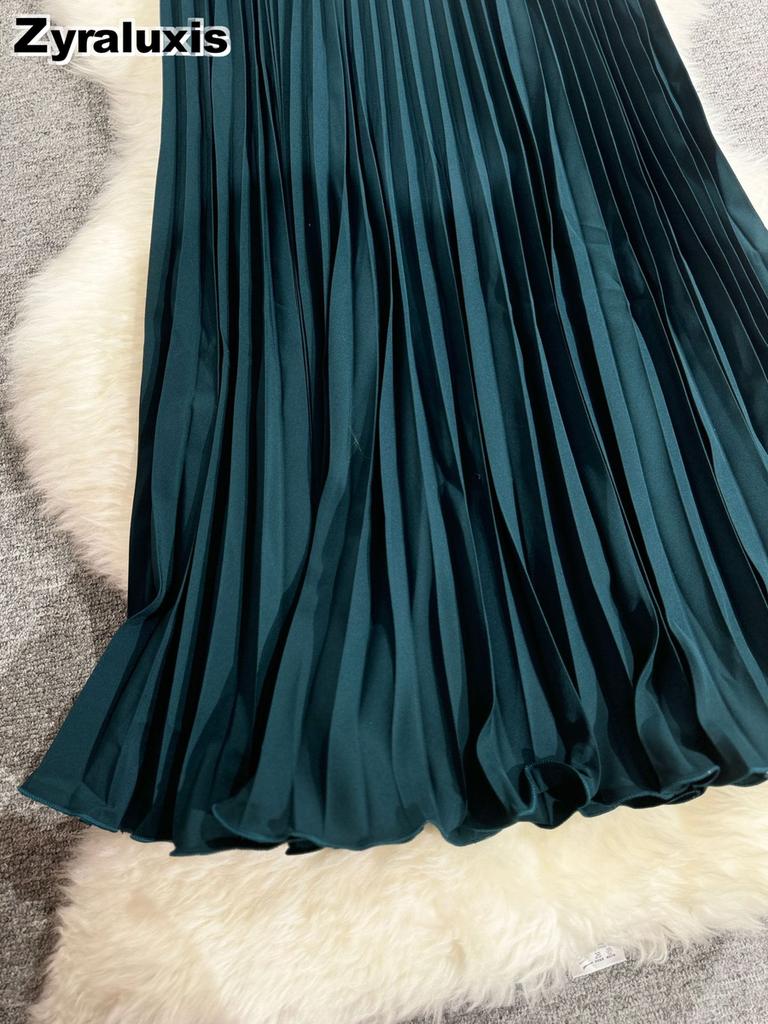 Wavy Edge Pleated Skirt High Waist Slimming Office Wear Versatile Long Dress for Women