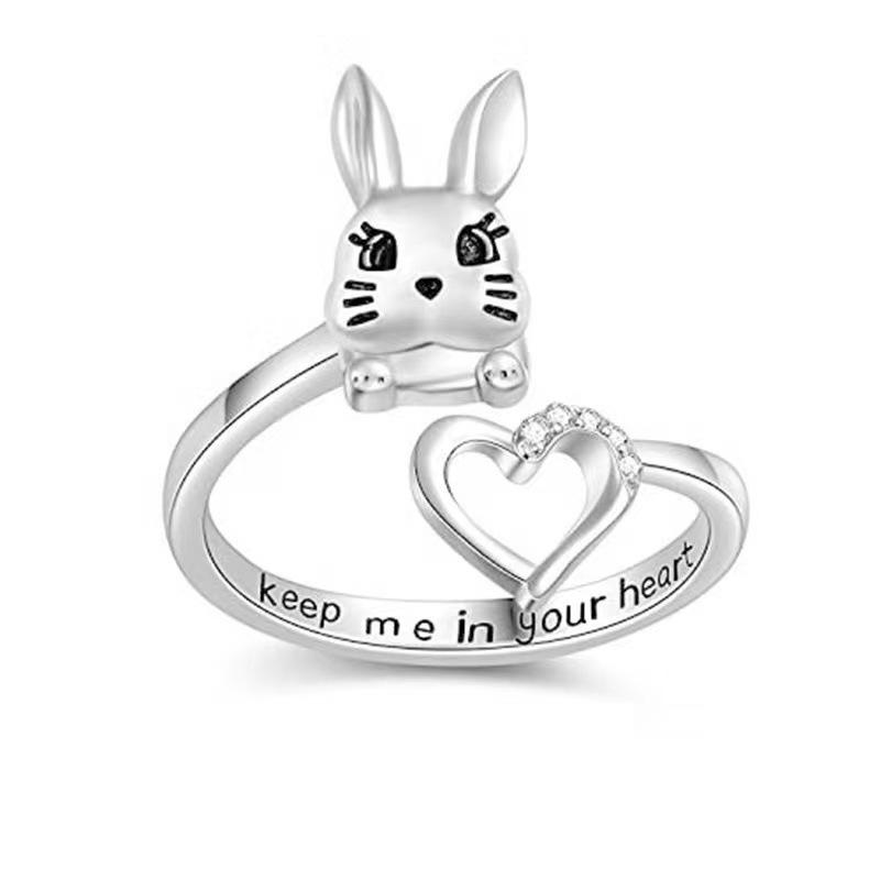 Adjustable Cute Rabbit Heart Ring with Diamond Inlay - Women s Cartoon Style Open Adjustable серебряный