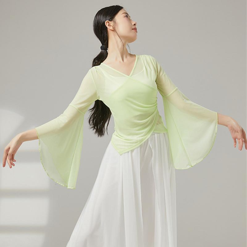 Classical Dance Mesh Women Flared Sleeve Shirt Training Performance Competition Costume Flowy Chinese Folk Dancewear Hanfu