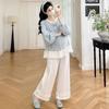Mori Style Maternity Plaid Lace Top & Wide-Leg Pants Set (Two-Piece)