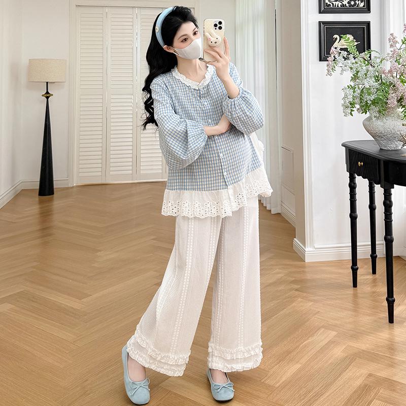 Mori Style Maternity Plaid Lace Top & Wide-Leg Pants Set (Two-Piece)