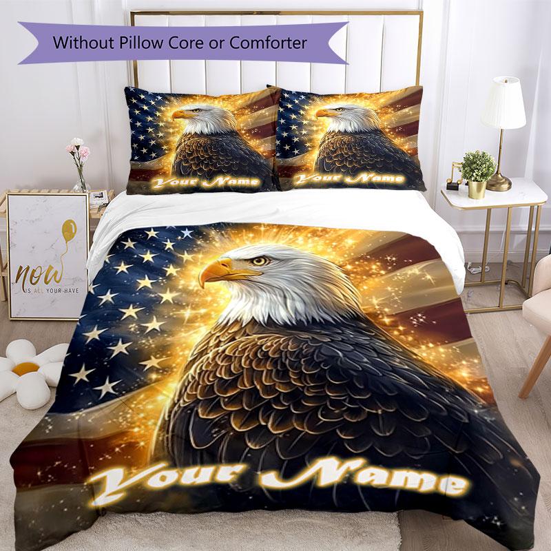 3PC Custom Name Eagle Pride American Flag Bedding Set Printed Bedding Set Duvet Cover Closure Includes 1 Duvet Cover & 2 Pillowcases for All Seasons B