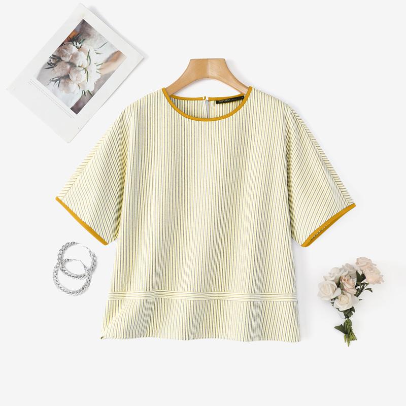 

ZANZEA Женская летняя повседневная блузка с круглым вырезом, свободного кроя, с короткими рукавами и полосатым принтом 3XL жёлтый