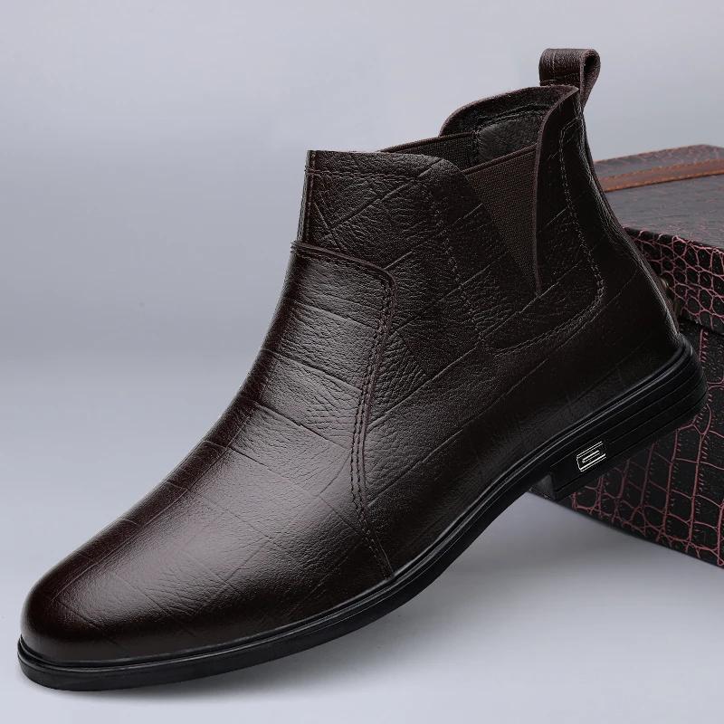 Fashion Warm Plush Fur Men Dress Boots Fashion Chelsea Boots Business Genuine Leather Casual Shoes British Style Short Boots Ankle Botas