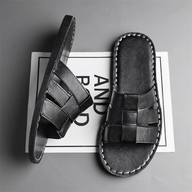 Men Slippers Handmade Simple Flats Brown Leather Sandals Black Summer Roman Sandals Open Toe Beach Shoes Plus Size