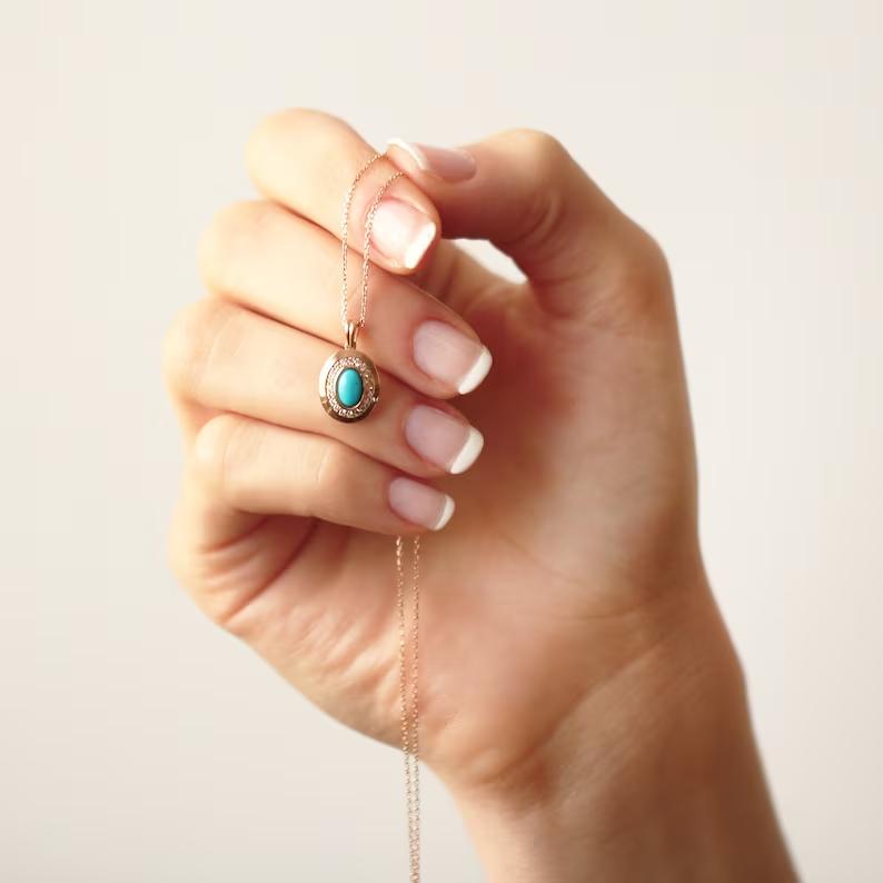 14k Gold Turquoise Necklace, Natural Turquoise Pendant, Blue Gemstone Jewelry