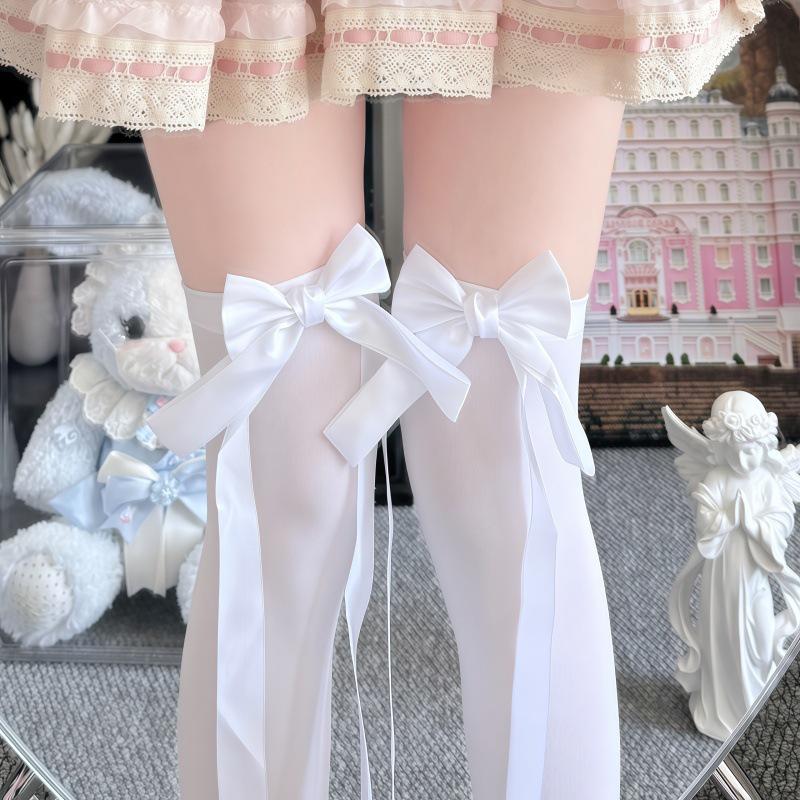 Cream Velvet Over-the-Knee Swallowtail Bow Socks for Girls