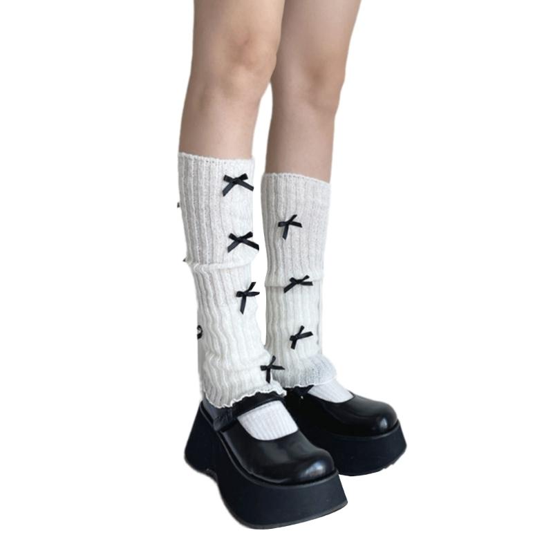 Women Girls Ribbed Knit Solid Color Leg Warmer Aesthetic Elegant Sweet Bowknot Footless Long Socks Ruffled Leg Covers