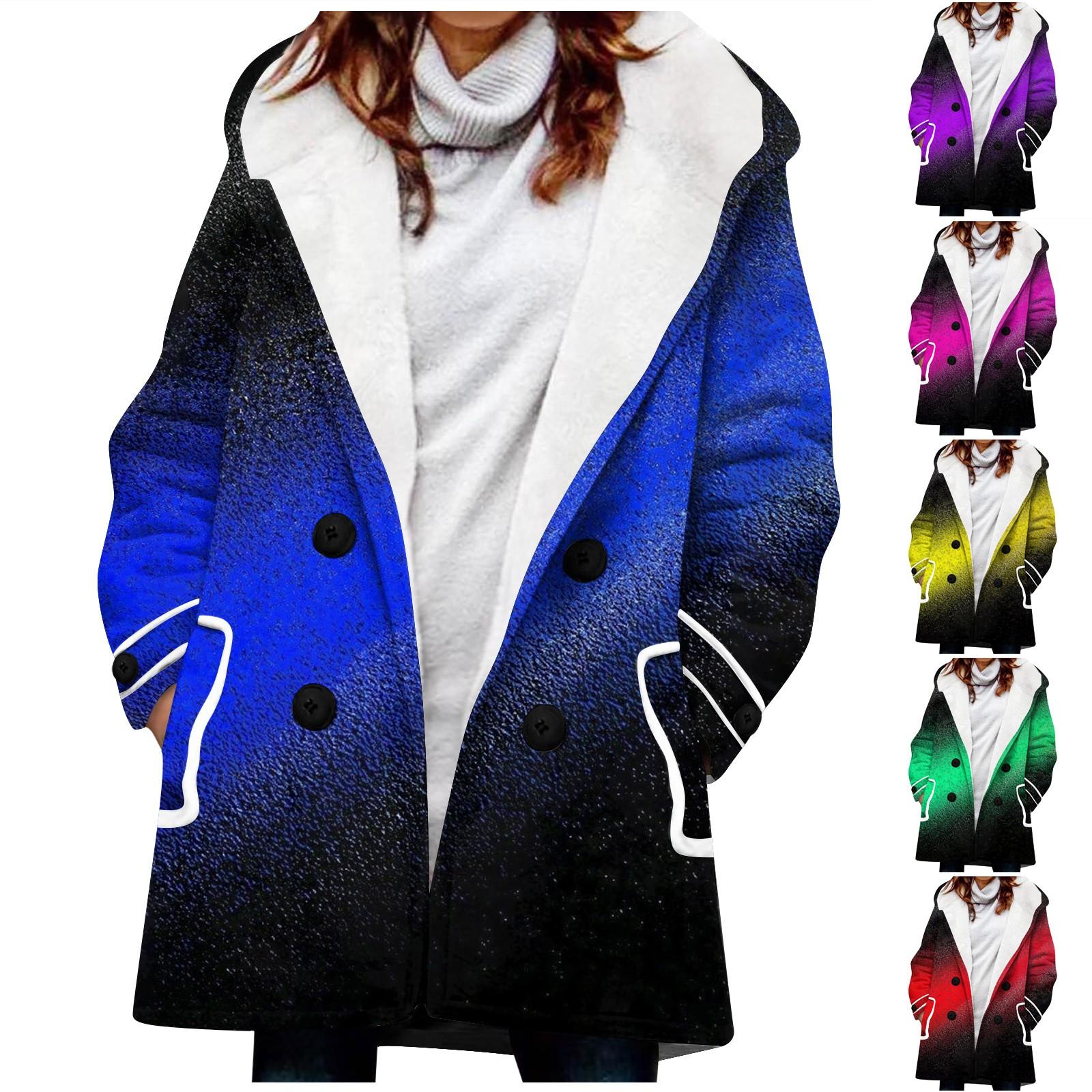 

Женское зимнее пальто, теплое мохнатое пуховое пальто с капюшоном на пуговицах и градиентным принтом, куртка