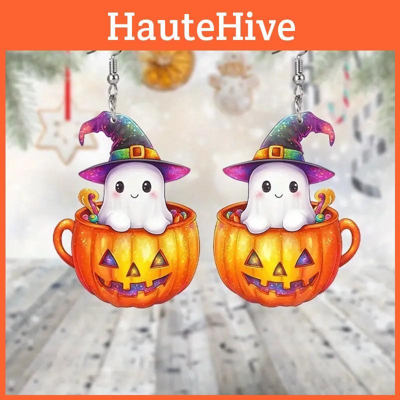 Halloween Themed Ghost Pumpkin Pot Pattern Women Acrylic Earrings For Unisex Festival Wear
