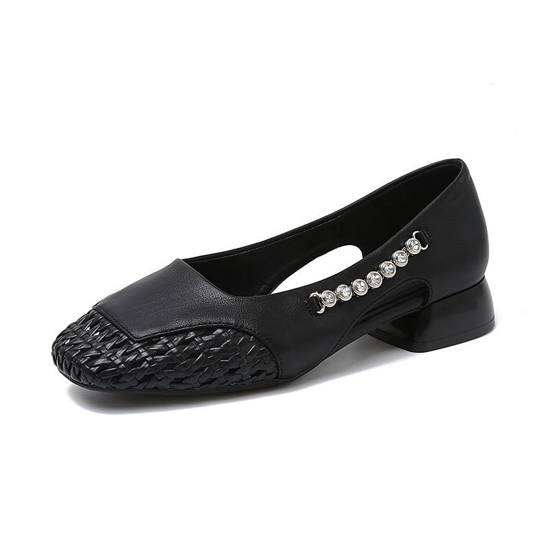 Summer New Style of Hollowed-out Shoes and Woven Sandals with Rhinestone Rough Heels