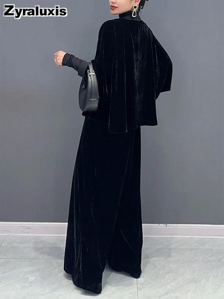 Nuovo Set di Velluto Elegante Chic Minimalista Spazioso Manica Lunga Scollatura Ampia Pantaloni a Gamba Larga Donna