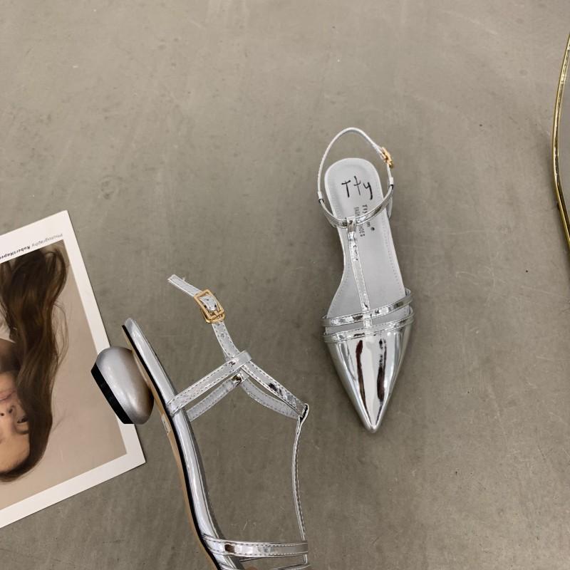 2025 pointed women's sandals special-shaped heel one-word buckle bag head Mary Jane shoes Korean version of summer new fashion