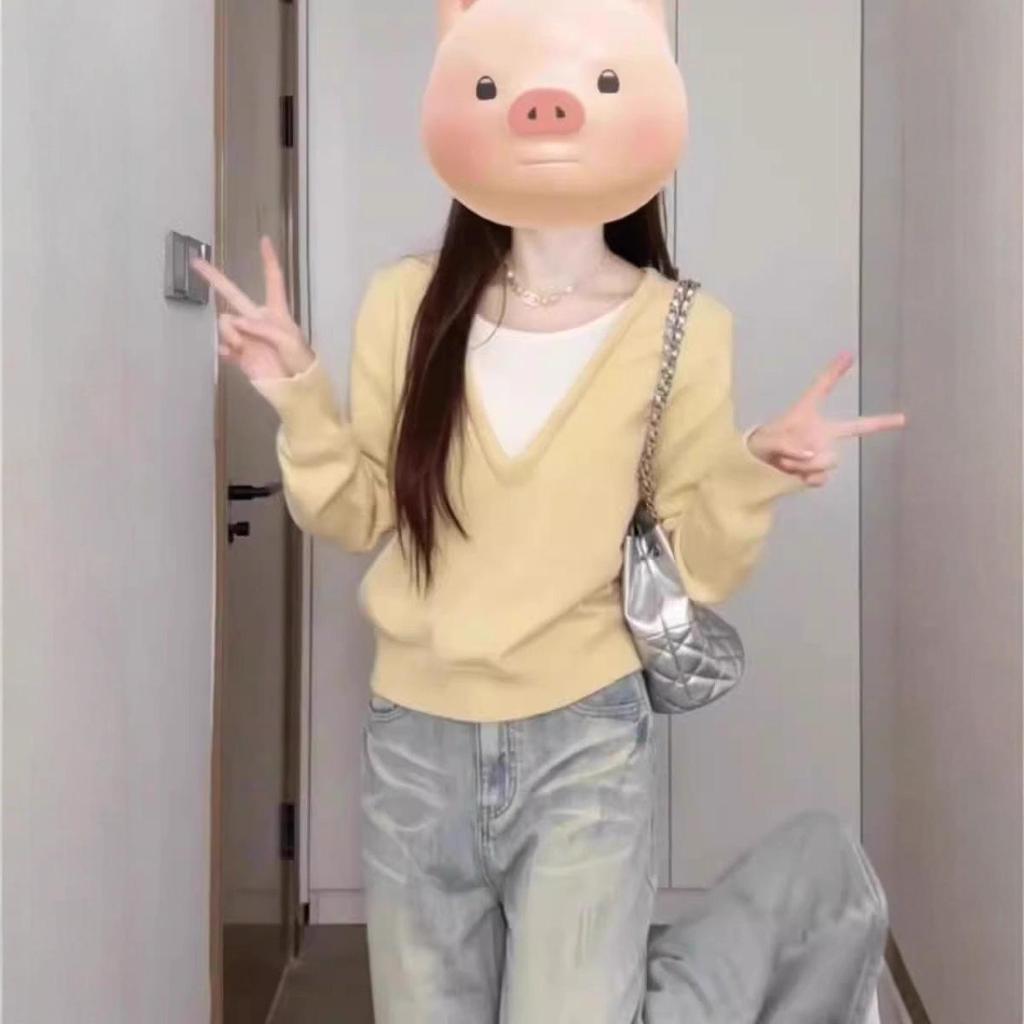 Women's Navy Blue Two-Piece Style Knit Sweater: Autumn/Winter, Loose Fit, Long-Sleeved, Korean-Inspired.