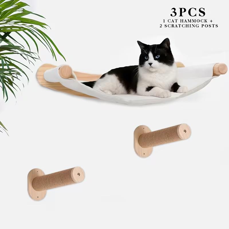 3pcs Wall-Mounted Cat Hammock & Scratching Post Set | Wooden Ladder Cat Shelf & Perch, Play & Rest Area for Multi-Cat Households