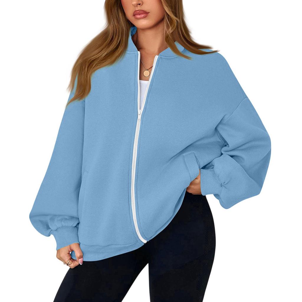 Women's Fashion Long Sleeve Color V-Neck Loose Oversize Zipper Jacket