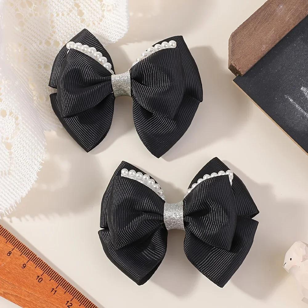 2Pcs 3.34inch Kids Bows Pearl Ribbon Hair Clips for Baby Girls Boutique Delicate Bowknot Barrette Palace Princess Style Headwear