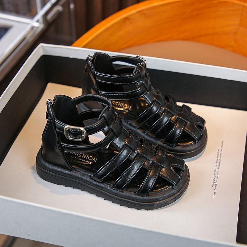 

Girls All Black Back Zipper Buckle Strap Thick Sole Roman Summer Sandals 26 чёрный