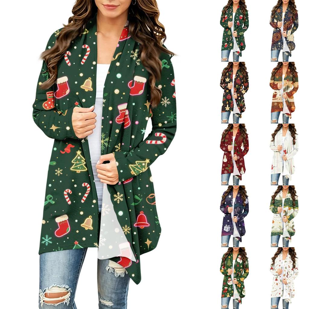 Damen Casual Weihnachtsdruck Langarm Strickjacke Pullover Mantel für Herbst Winter