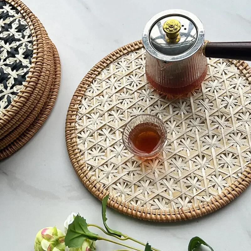 30/36cm Ethnic Style Color Handmade Rattan Tray Round Heat-resistant Teapot Pad Hotel Home Decor Dining Table Heat-insulate Pad