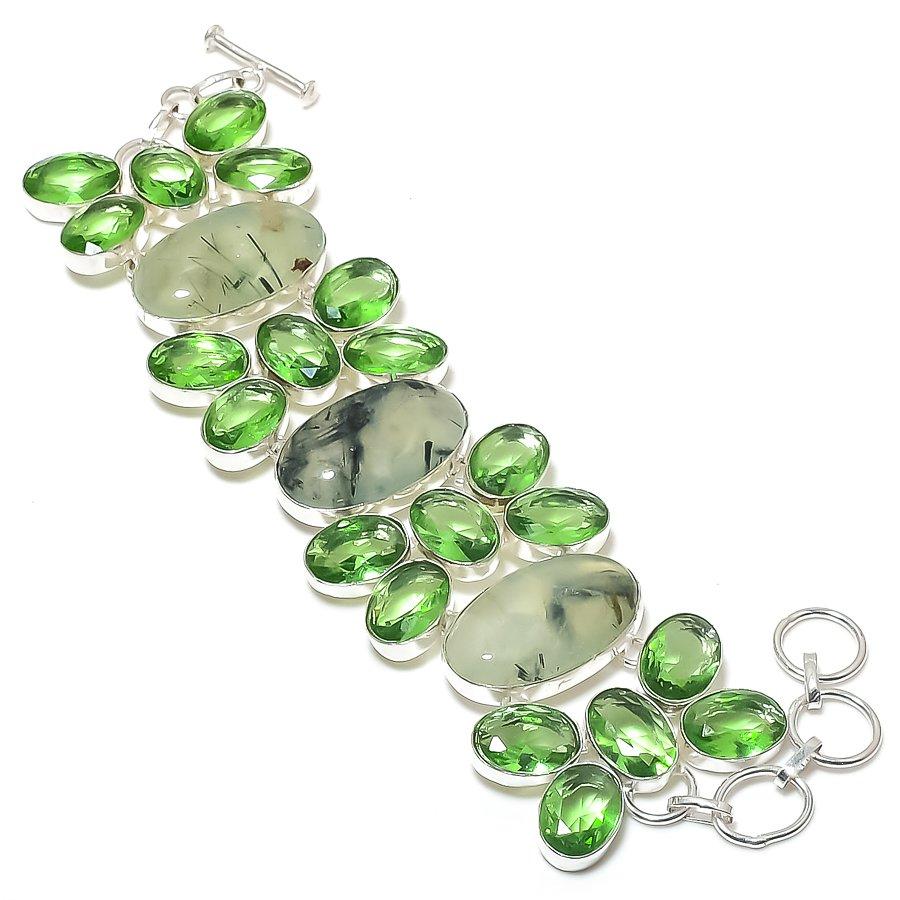 Natural Prehnite, Tsavorite Gemstone 925 Sterling Silver Bracelet 7-8" a2E25