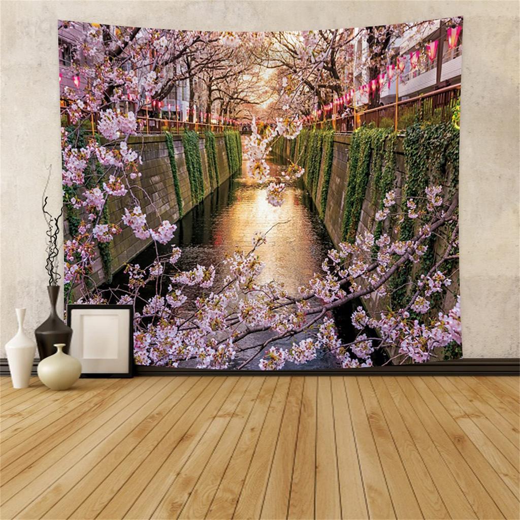 Sakura Tapestry Pink Japanese Cherry Blossoms Tapestries Spring Sunset Landscape Tapestry Wall Hanging for Bedroom Decoration