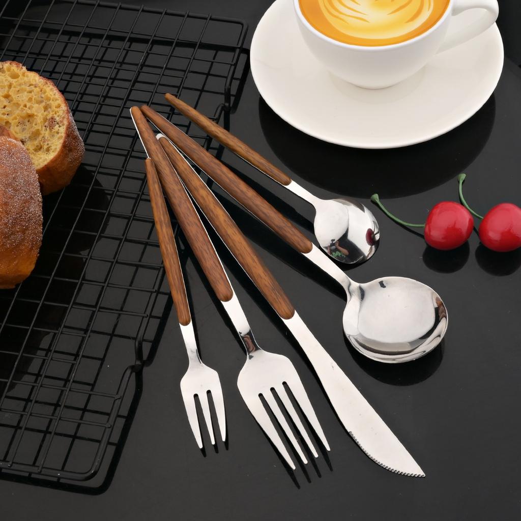 Conjunto de talheres de aço inoxidável premium de 20 peças - cabo de madeira ergonômico, polido espelhado, serviço para 4