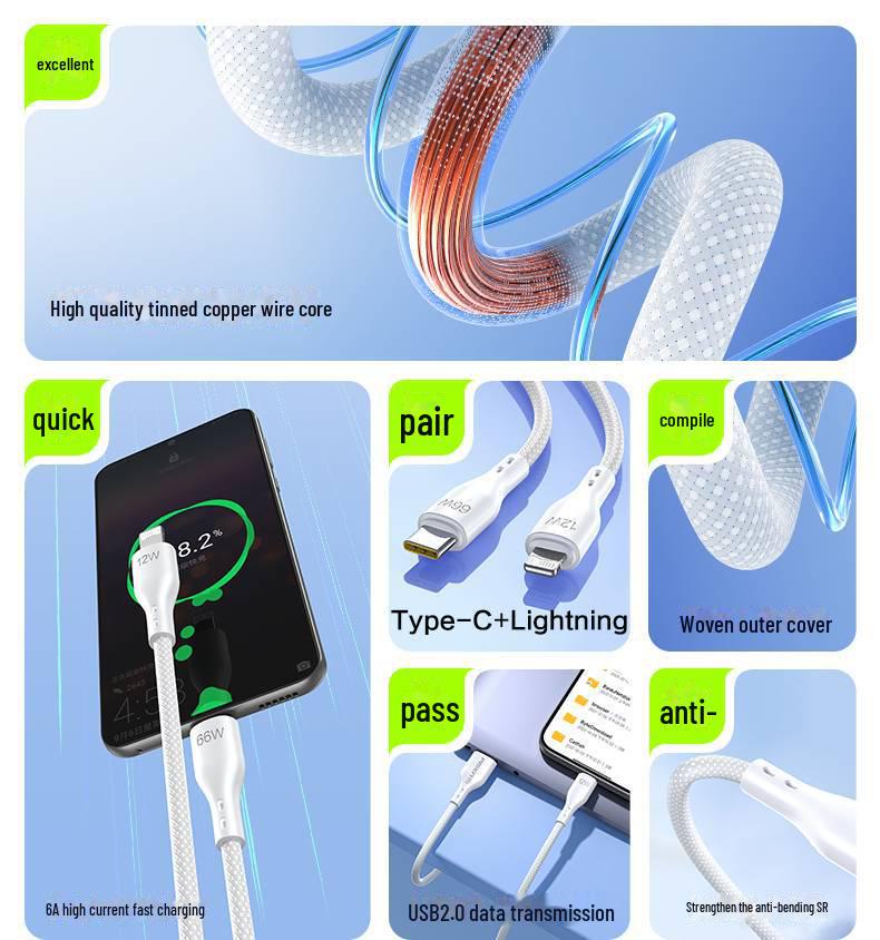 PISEN 66W 2-in-1 Super Fast Charging Cable for Apple, Huawei, Xiaomi