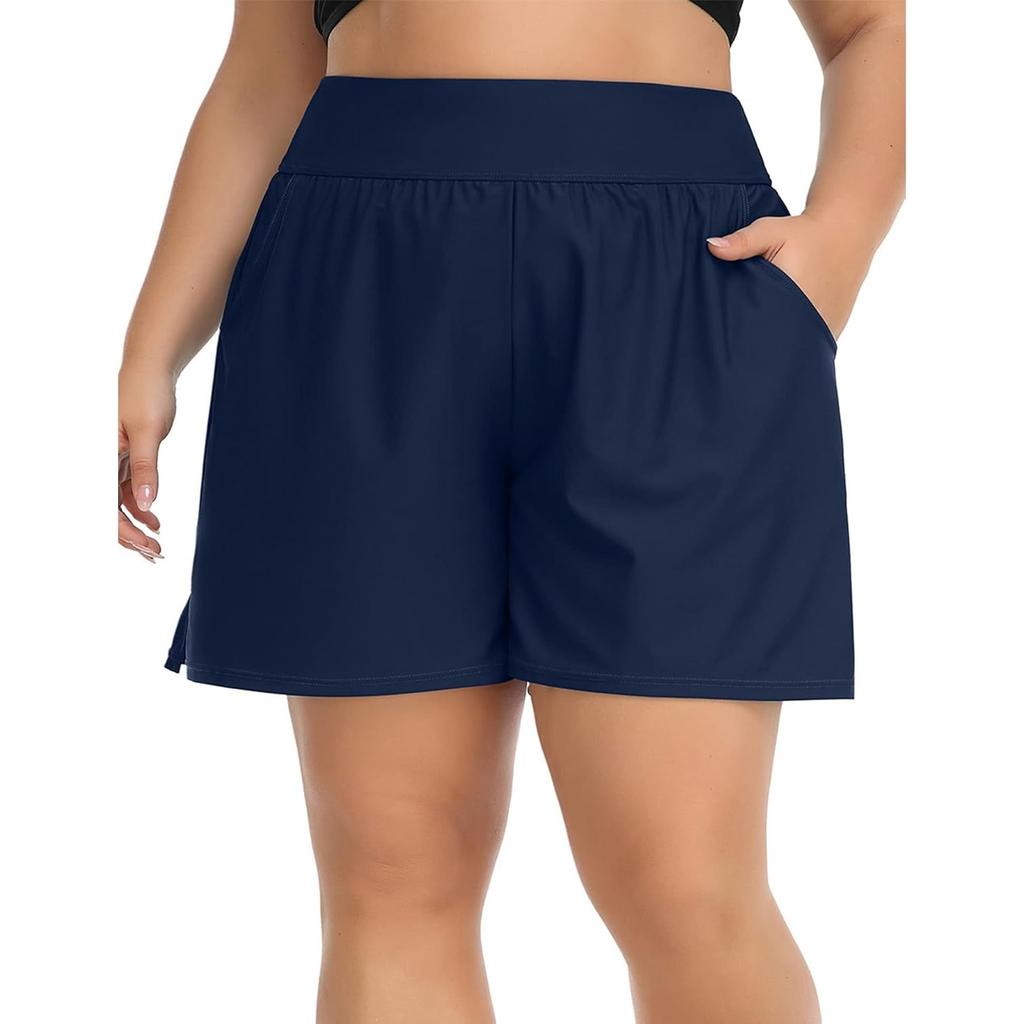 CHARMLEAKS Plus Size Swim Shorts for Women High Waisted Board Shorts Tankini Swimsuit Bottom with Pockets
