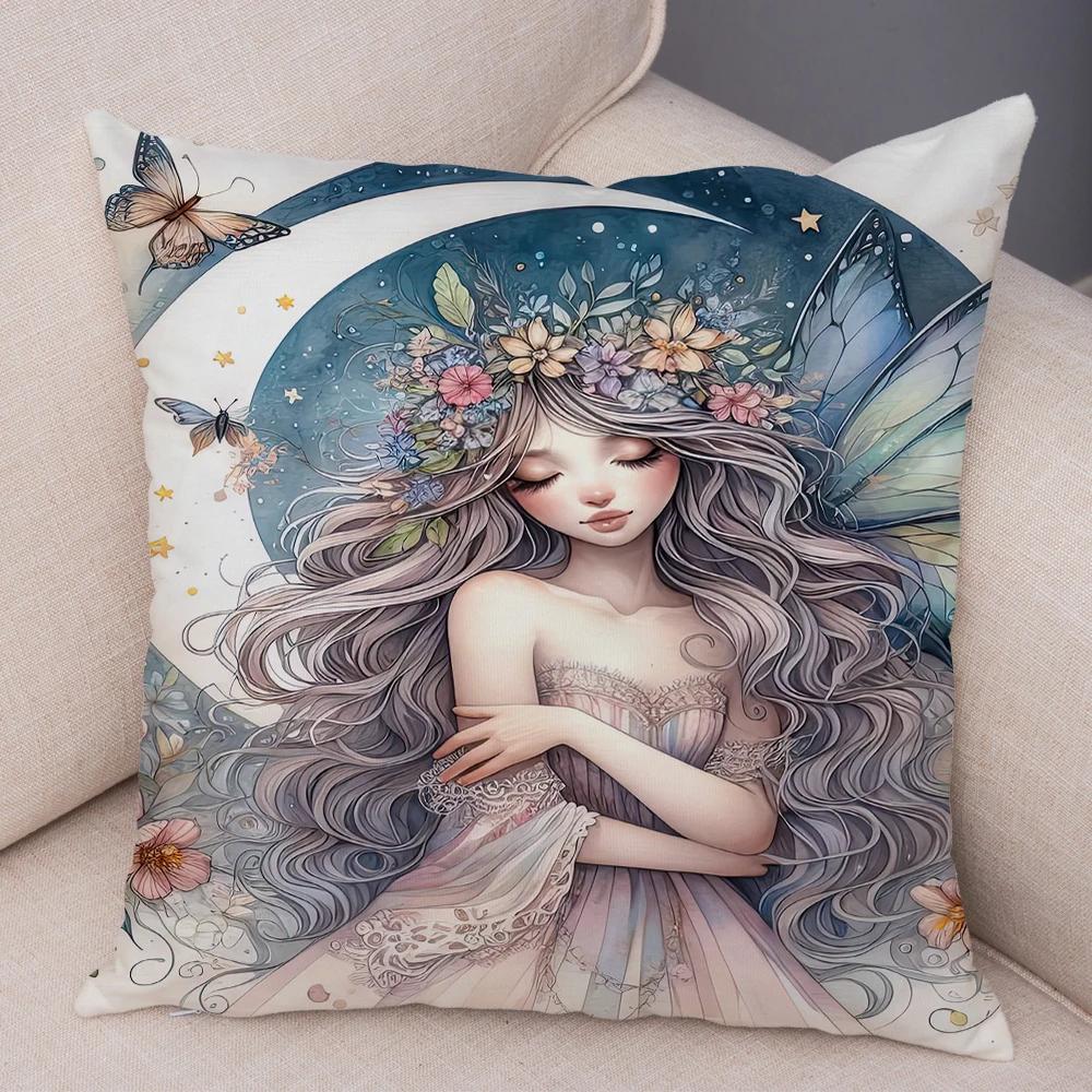 Niedlicher Cartoon Waldmädchen Elfen Kissenbezug Doppelseitig bedruckter Kissenbezug Deko für Sofa Zuhause Superweicher Plüsch Kissenbezug 40x40cm
