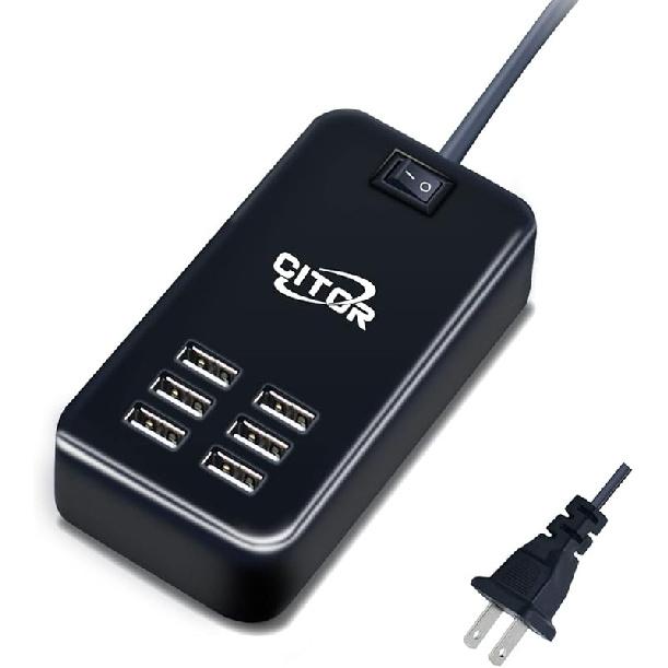 Multiport USB Charger, 6 Port USB Charging Station for Multiple Devices, Phone, Tablet, Power Strip with ON/Off Switch (Black)