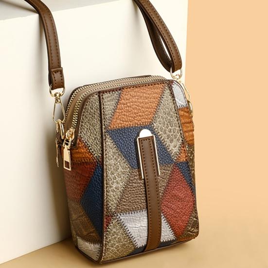 Crossbody Shoulder Bag Vintage Geometric Ladies Phone Bag Patchwork Colorblock Purses Double Layers Detachable Shoulder Strap Lady Purse Commute