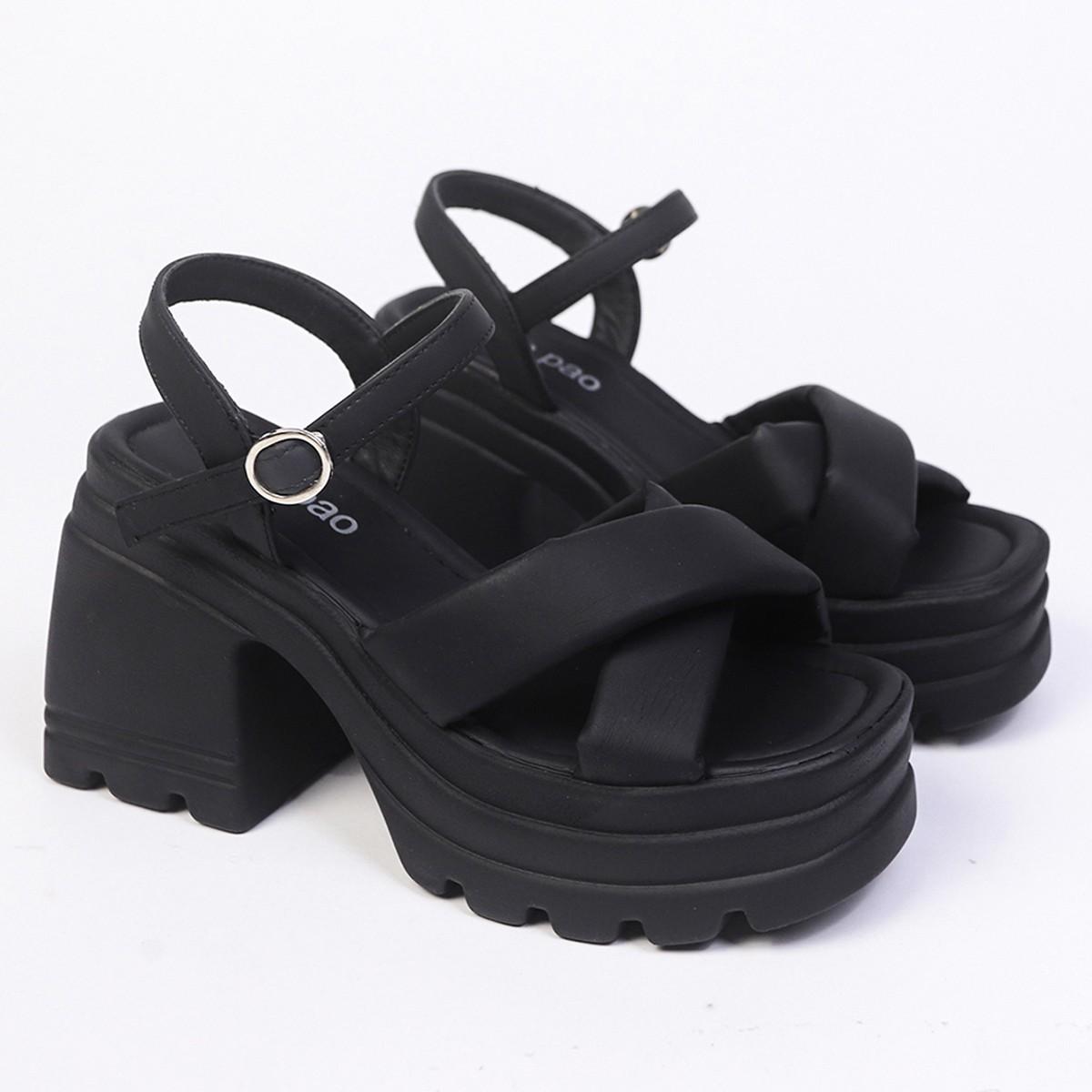 

Босоножки на платформе и танкетке весна-лето 2025 новая женская обувь толстый каблук высокий каблук модная обувь открытый носок босоножки с пряжкой 42 чёрный