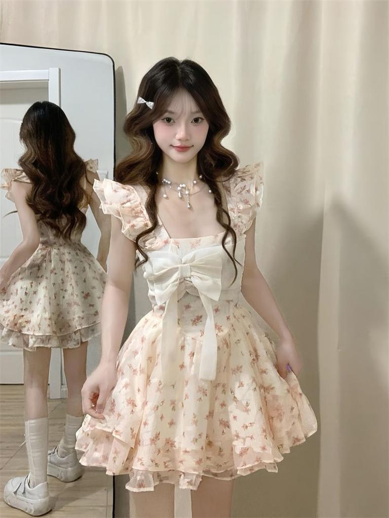 Small sweet little flying sleeves floral sleeveless dress women's summer bow waist fugitive princess tutu dress