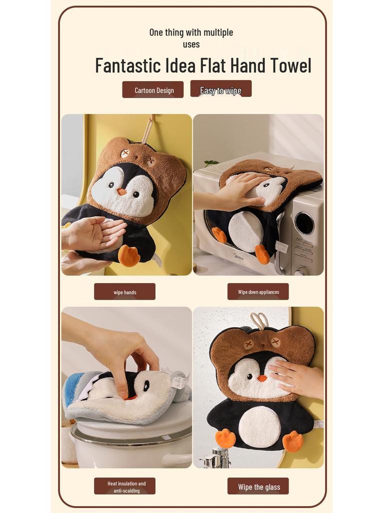 Penguin Coral Fleece Hand Towel - Extra Large & Thick, Hanging, Dual-Use, Water Absorbent, Quick-Drying, Non-Shedding