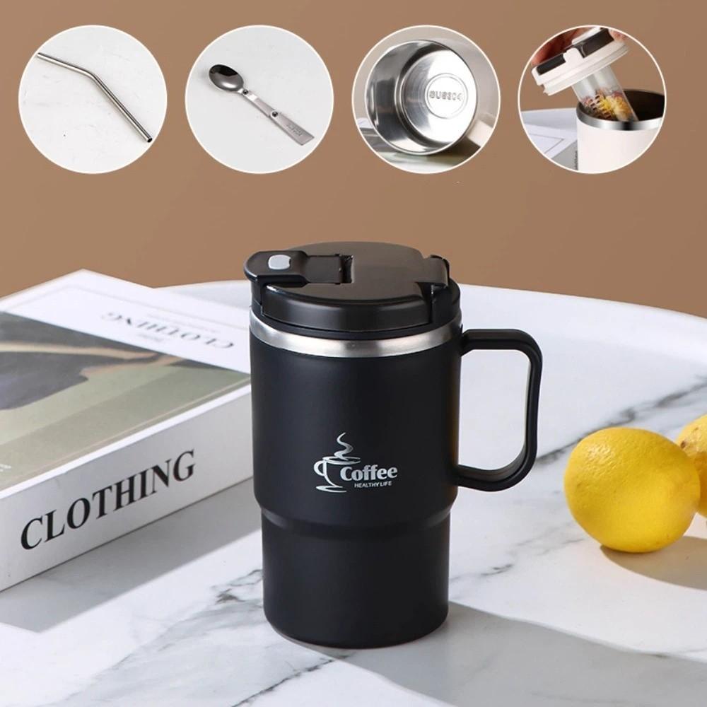 Portable 550ML Insulated Coffee Mug Stainless Steel with Lid Spoon Water Cup with Tea Strainer Leak-proof Milk Cup Outdoor