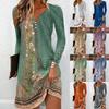 Women‘s V Neck Long Sleeve Pencil Midi Dress Button Detail Printed Casual Gown
