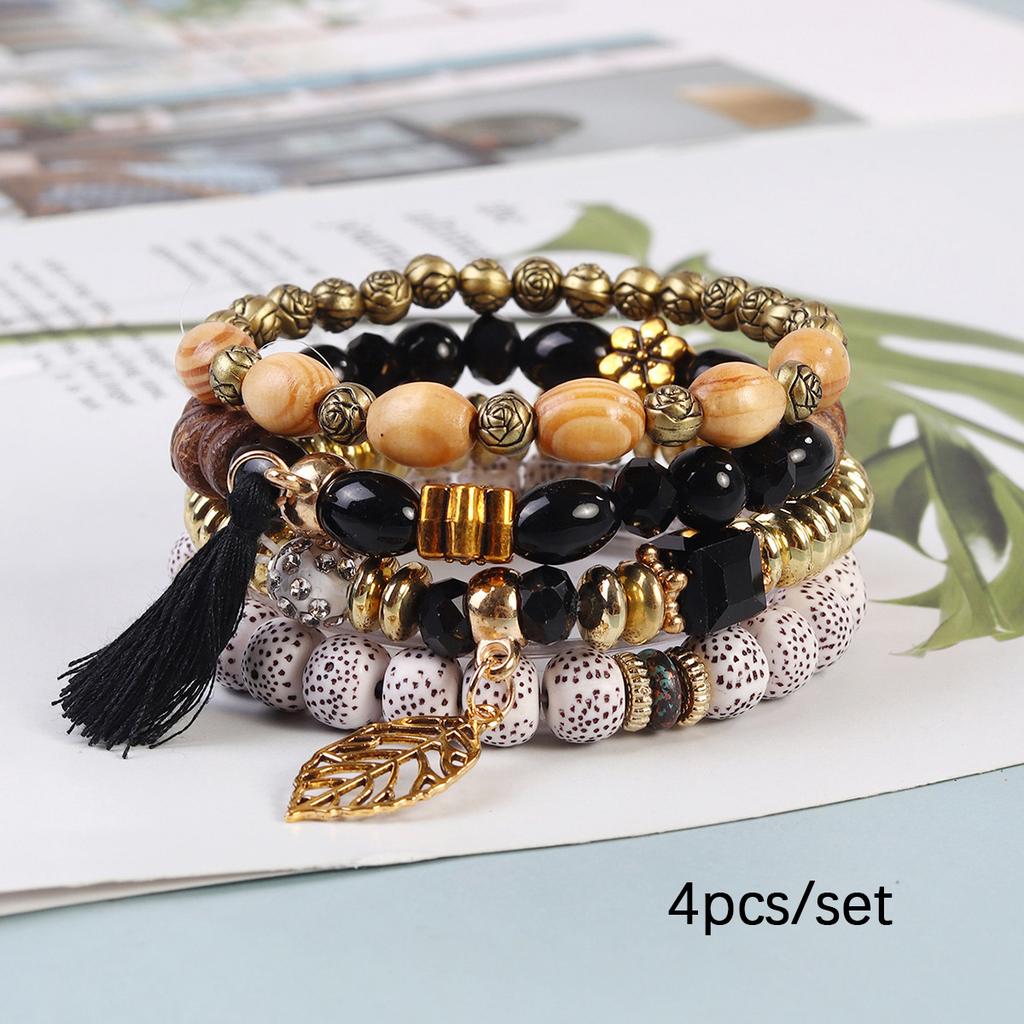 Bohemian Beaded Bracelet Set, Women's Stackable Stretch Bracelets with Tassel & Wing Charm