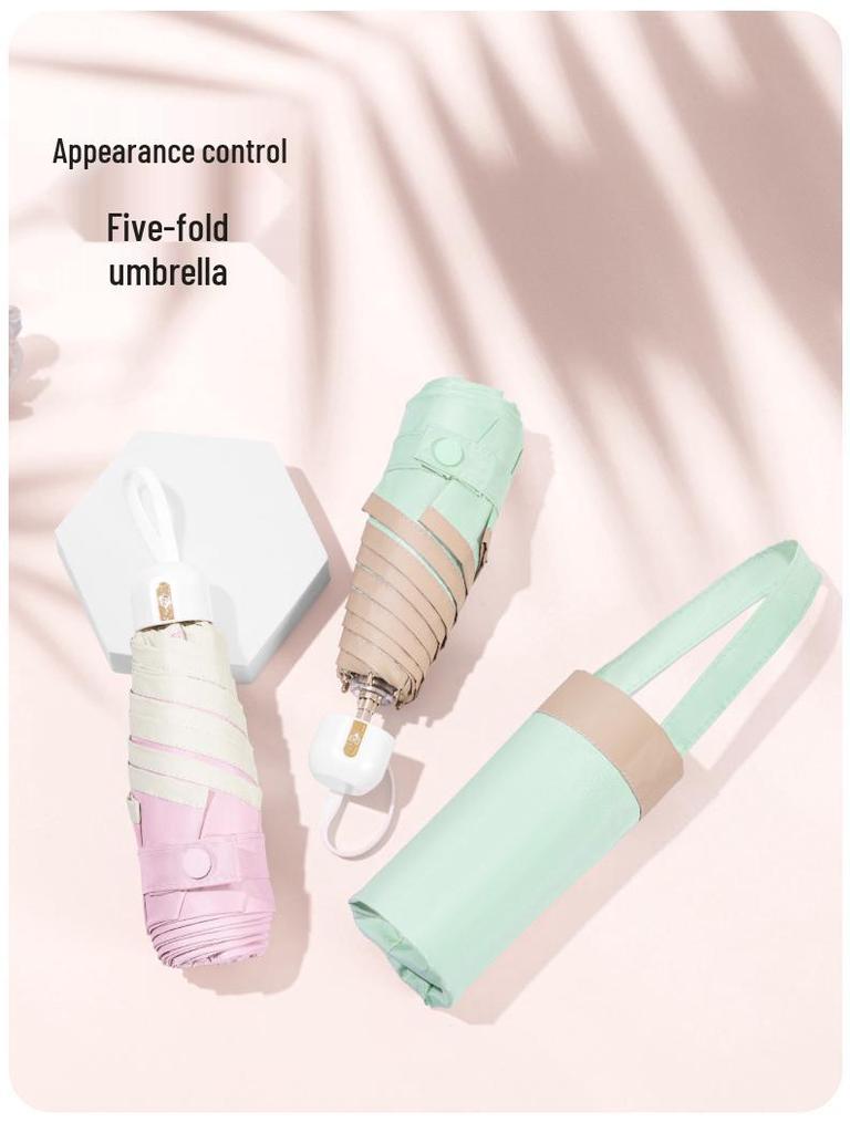 Ultra-Light Five-Fold Compact Chrome Handle Colorblock Umbrella for Rain or Shine