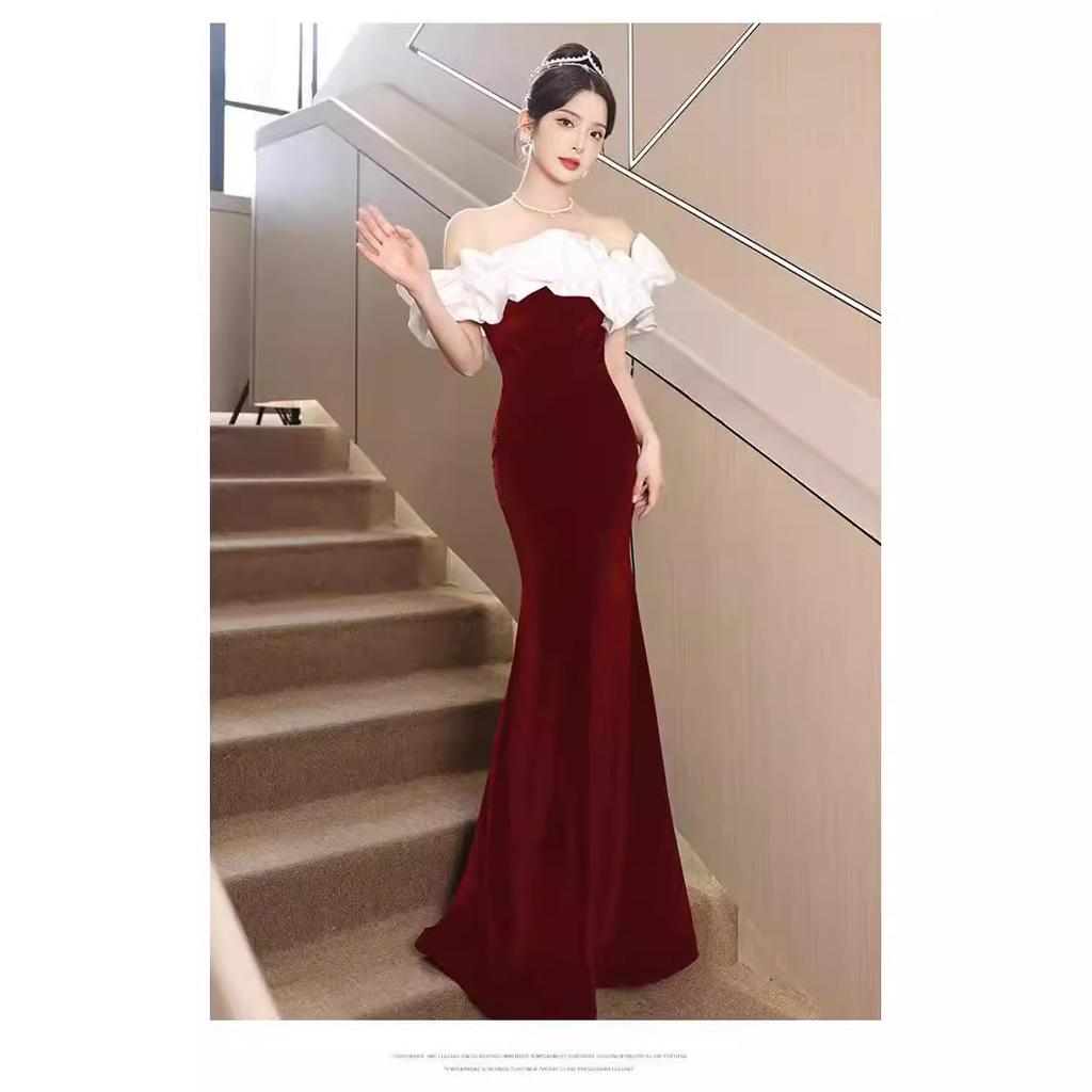 Premium French Black One-word Shoulder Temperament Socialite Banquet Dress Host Dress Slim Fishtail Dress