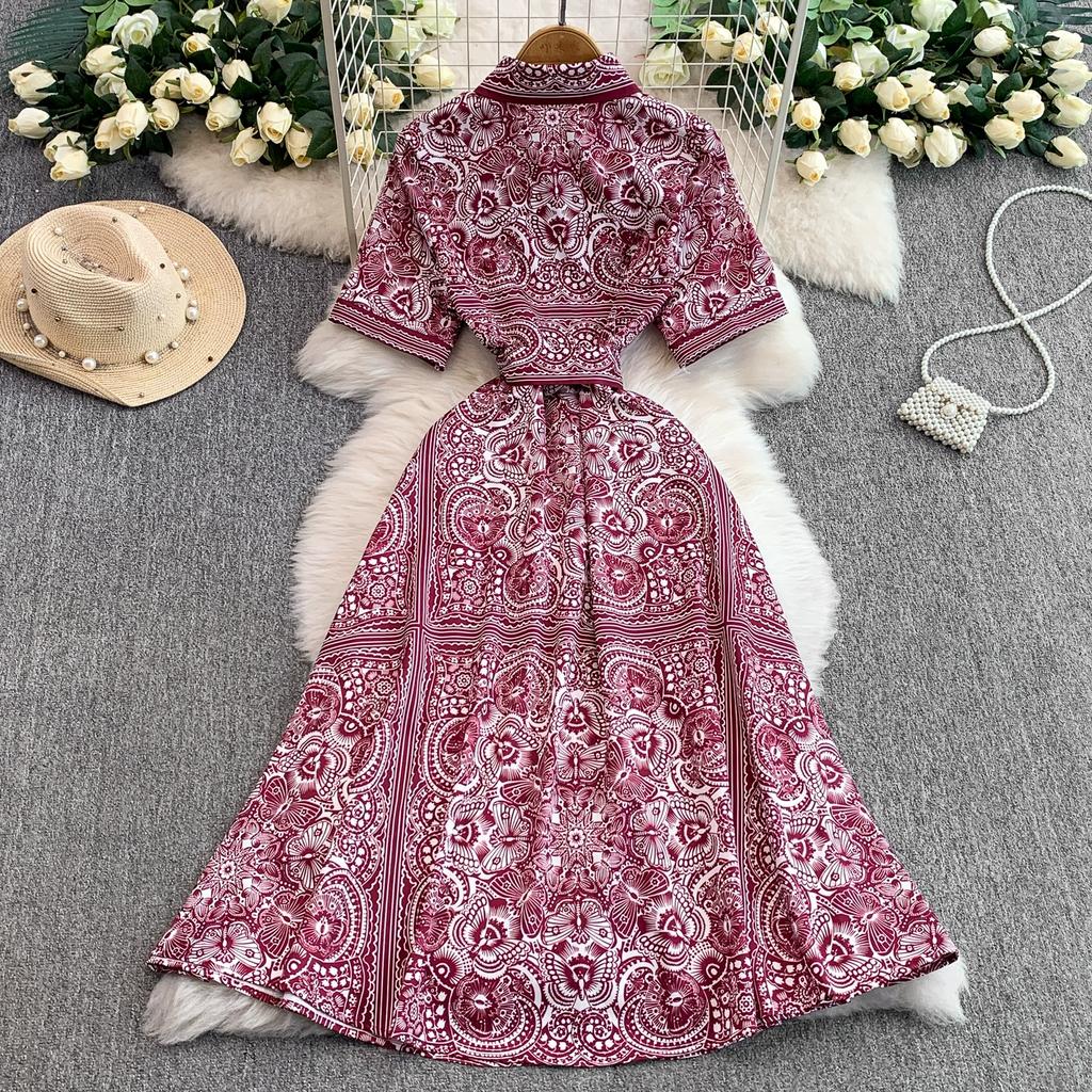 Summer Vintage Designer Print Runway Dress Women Fashion Turn-down Collar Single Breasted Party Shirt Lace-up Dresses