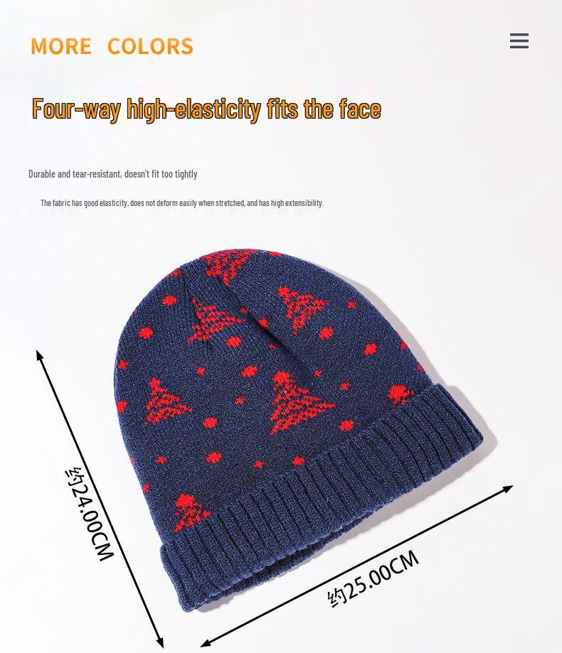 Czerwona czapka dzianinowa podszyta polarem z motywem choinki - Unisex, dwuwarstwowa na śnieżne dni (W magazynie)