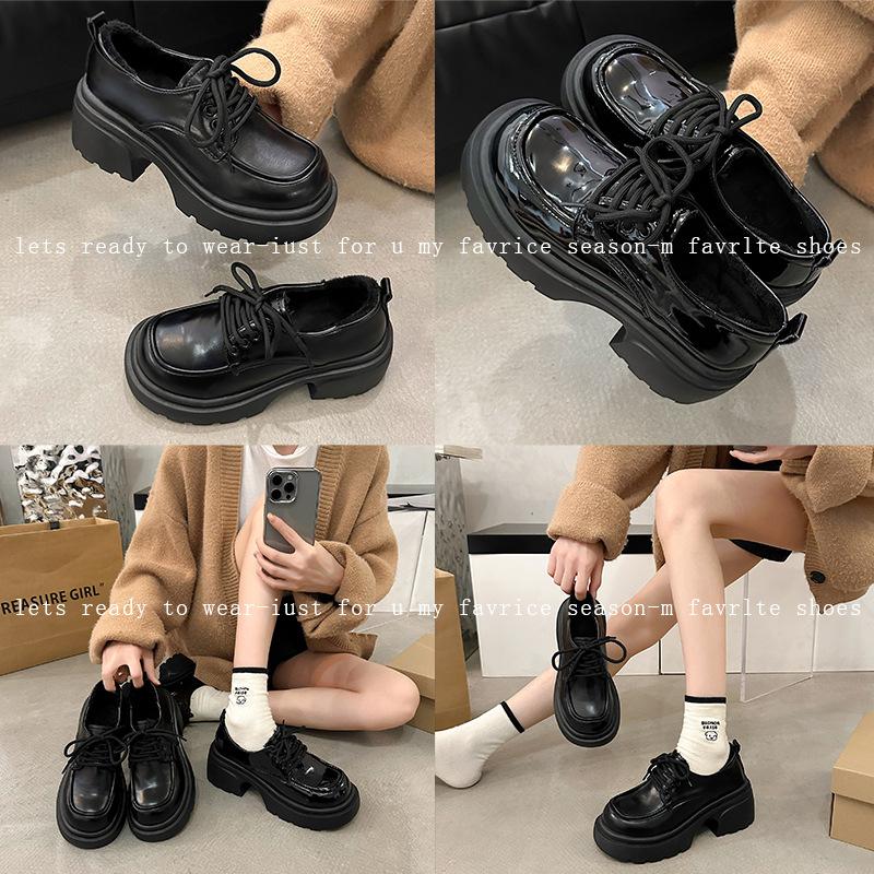 Black small leather shoes women's autumn and winter new thick-soled heightening retro lace-up single shoes