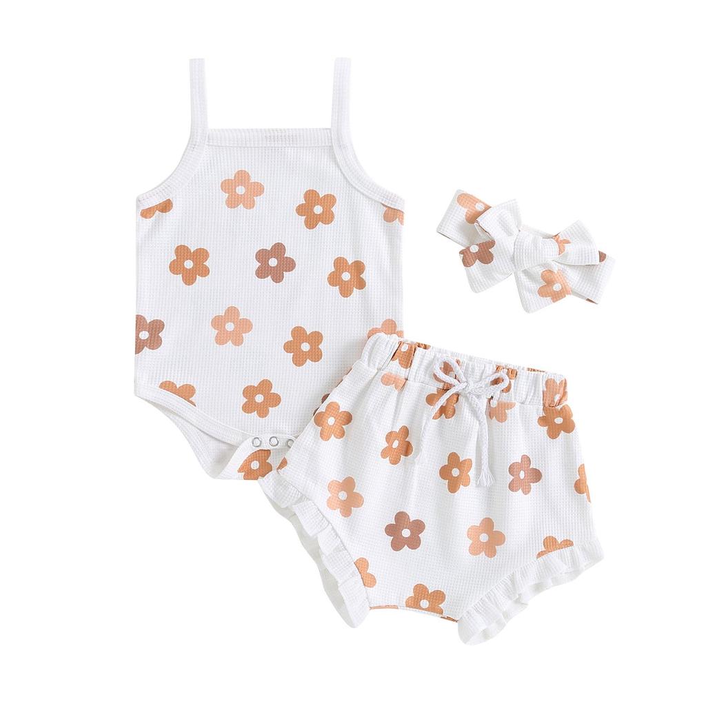 Baby Girl Summer Clothes Floral Print Sleeveless Romper and Ruffle Shorts Headband Set 3PCS Outfits 0-18 Months