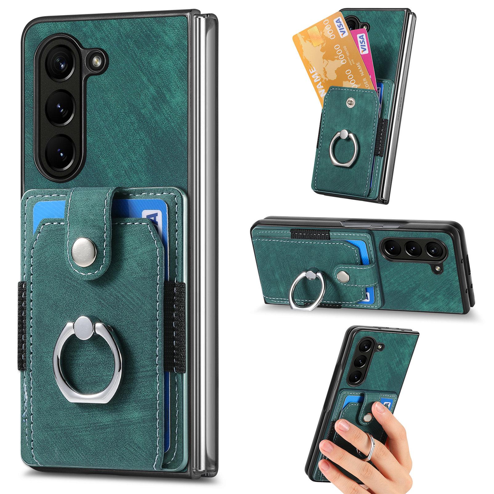 

D2 For Samsung Galaxy Z Fold6 5G Case Card Slot Ring Kickstand Leather+PC Phone Cover Green