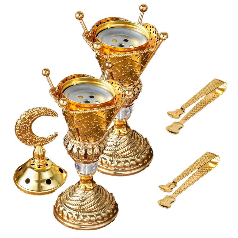 Arabic Style Golden Iron Incense Burner with Lid Traditional Bakhoor Censer for Charcoal Aromatherapy Home Decor