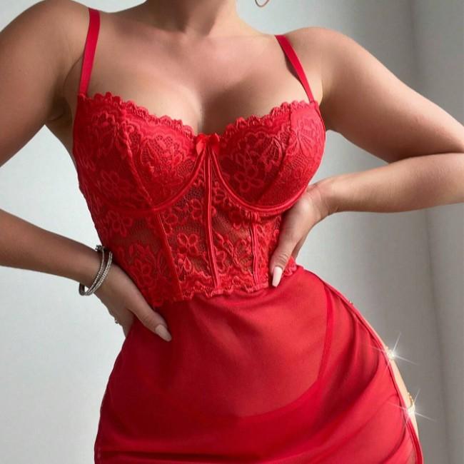 New Sexy Lace Mesh Splicing Open Fork Semi-transparent See-through Erotic Lingerie